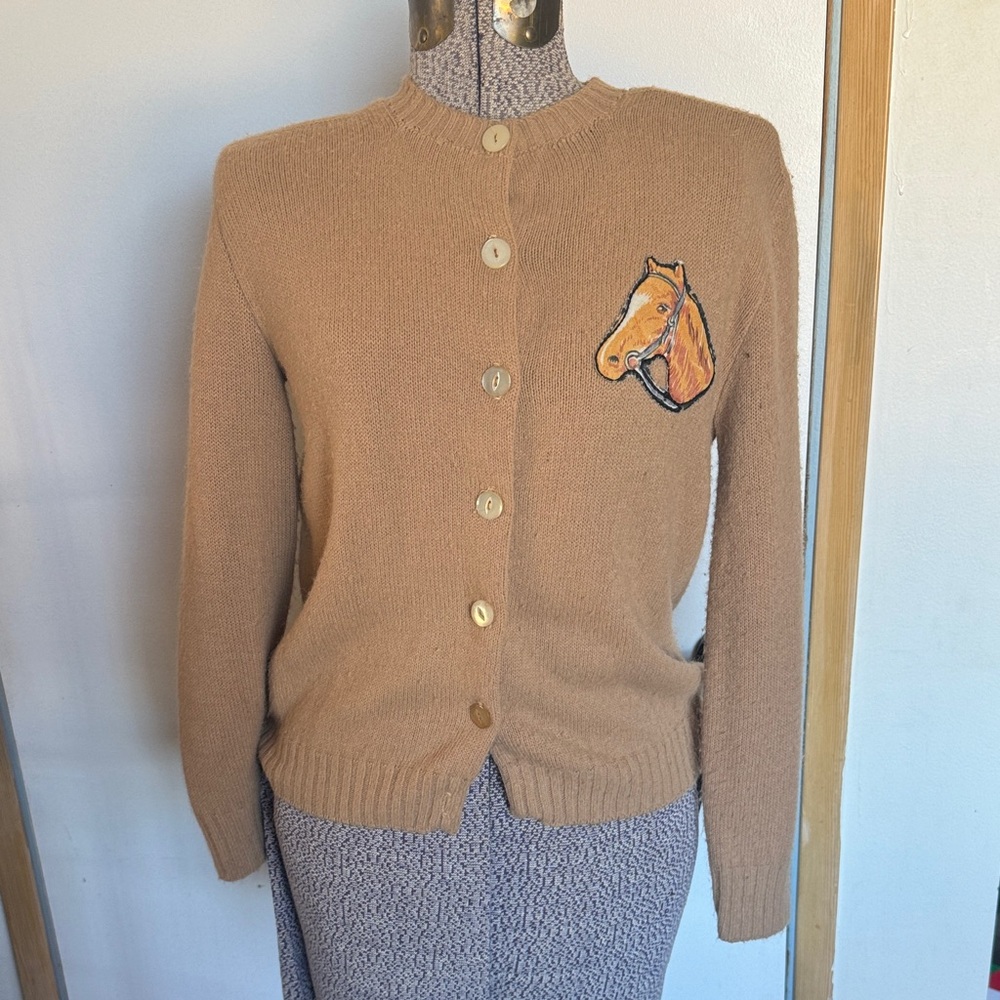 Vintage Tan Cardigan with Horse Embroidery